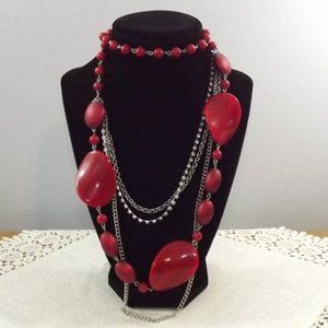 Red Silver and Rhinestone Multi-Strand Necklace